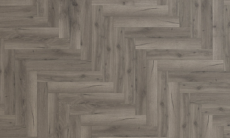 SPRING SALE! £11.99 per m2 | Premium Herringbone Laminate 8mm Dark Grey Oak | Bevelled Edge | UNICLIC (2.57m2 per pack)