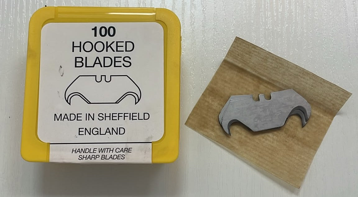 Tub of 100 hooked trimming blades made in Sheffield England