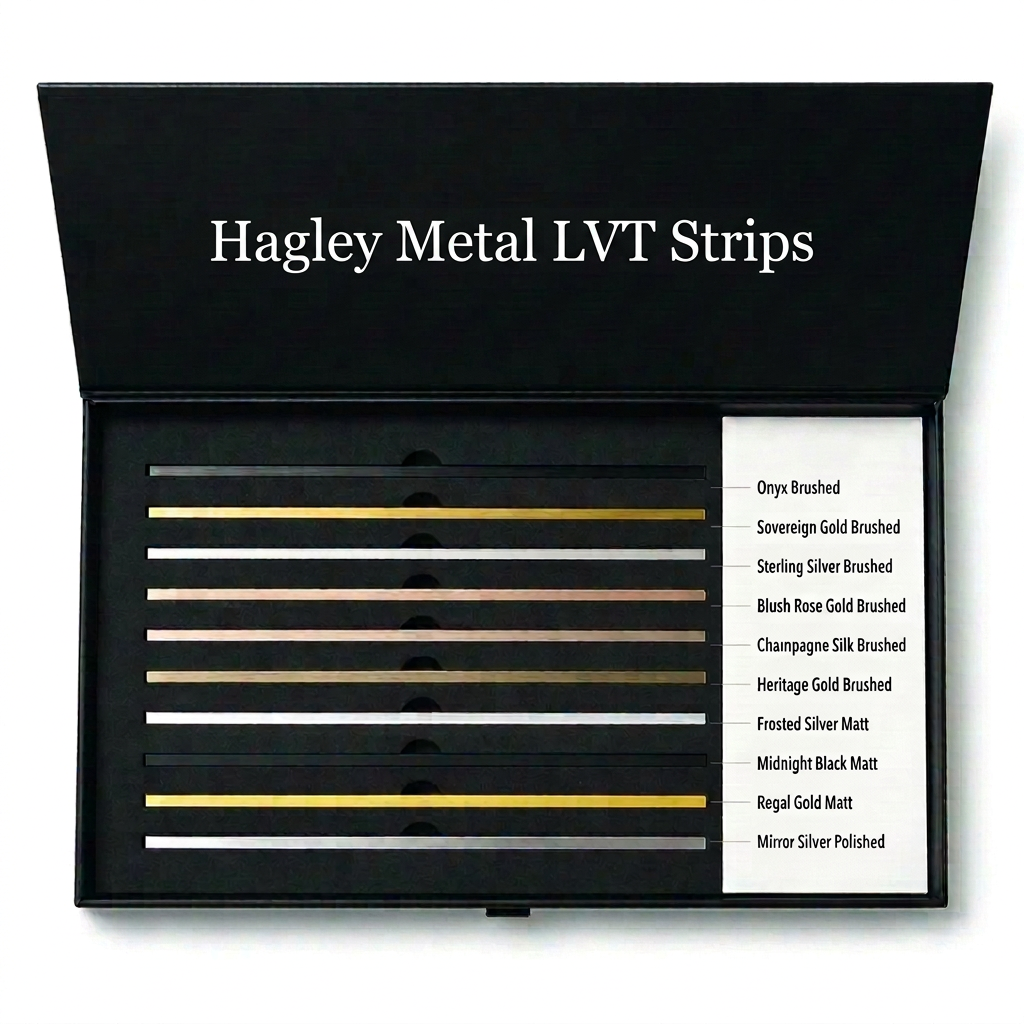Hagley Metal LVT Strips sample case with ten named colour finishes