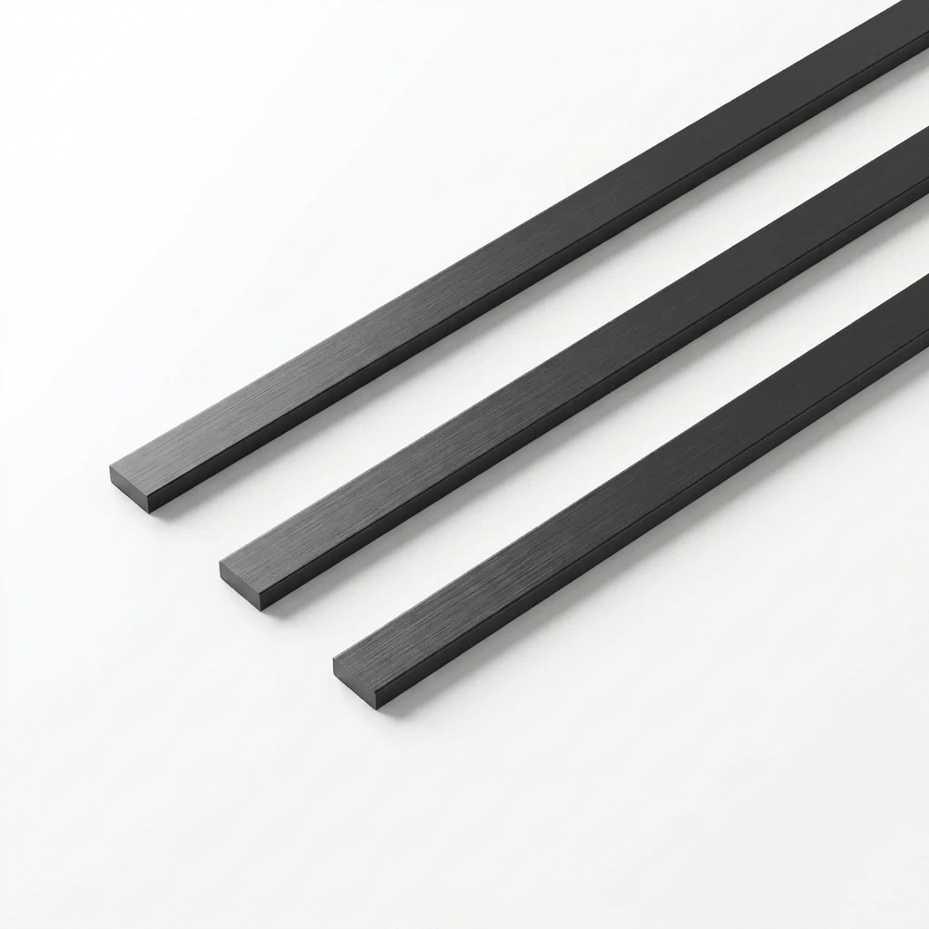 Hagley Metal LVT Strips Onyx Brushed, three diagonal strips on white, illustrative render