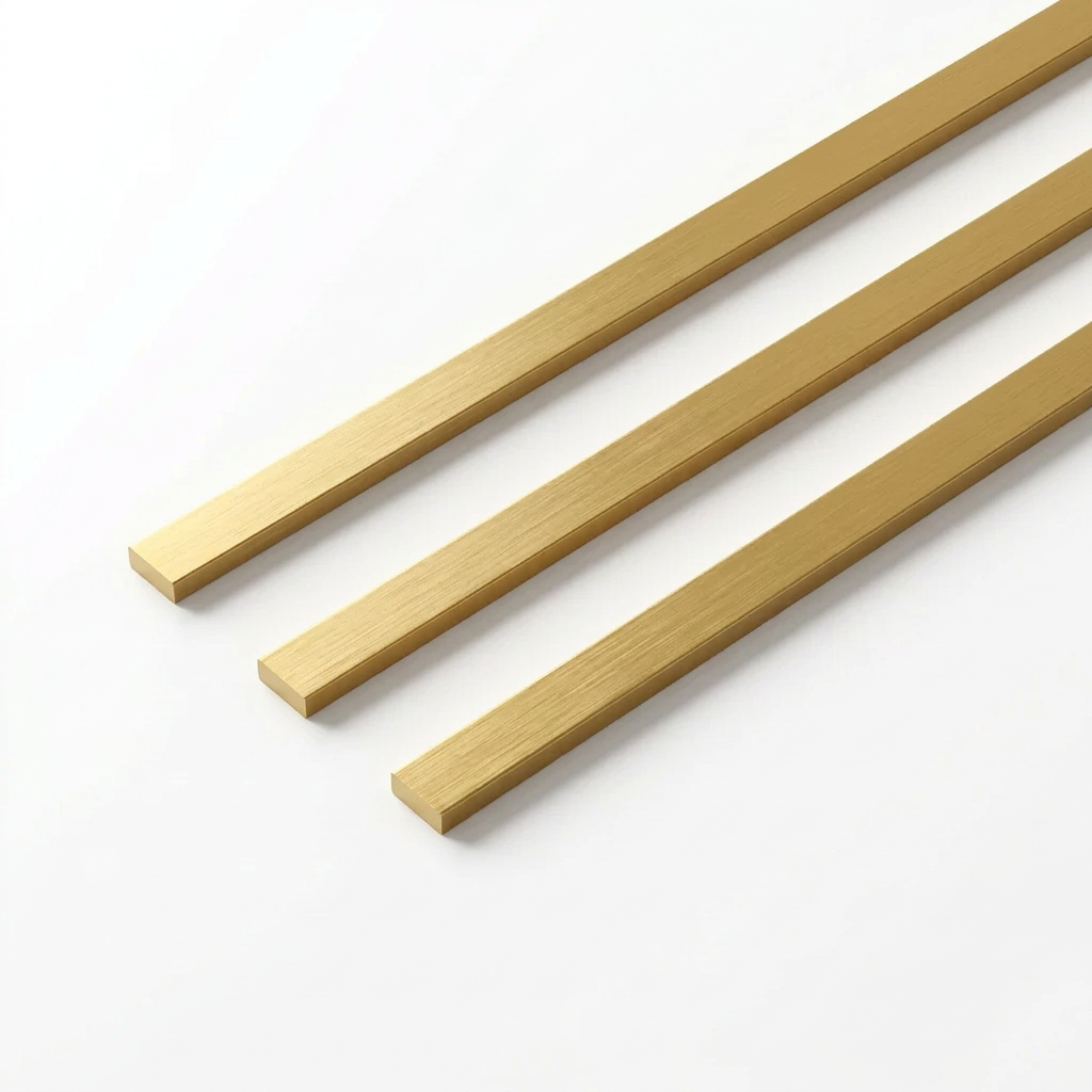 Hagley Metal LVT Strips Sovereign Gold Brushed, three diagonal strips on white, illustrative render