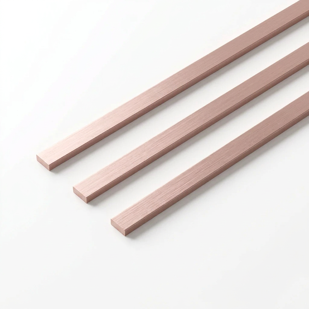 Hagley Metal LVT Strips Blush Rose Gold Brushed, three diagonal strips on white, illustrative render