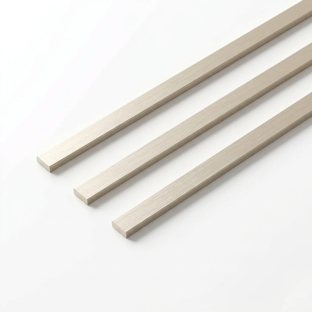 Hagley Metal LVT Strips Champagne Silk Brushed, three diagonal strips on white, illustrative render