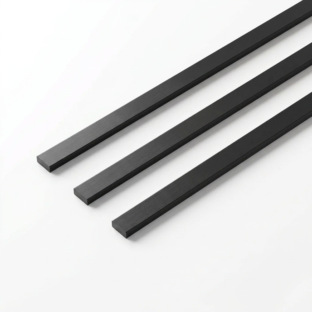Hagley Metal LVT Strips Midnight Black Matt, three diagonal strips on white, illustrative render