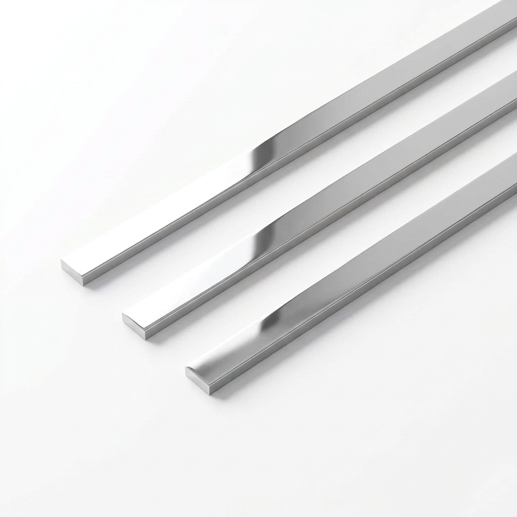 Hagley Metal LVT Strips Mirror Silver Polished, three diagonal strips on white, illustrative render